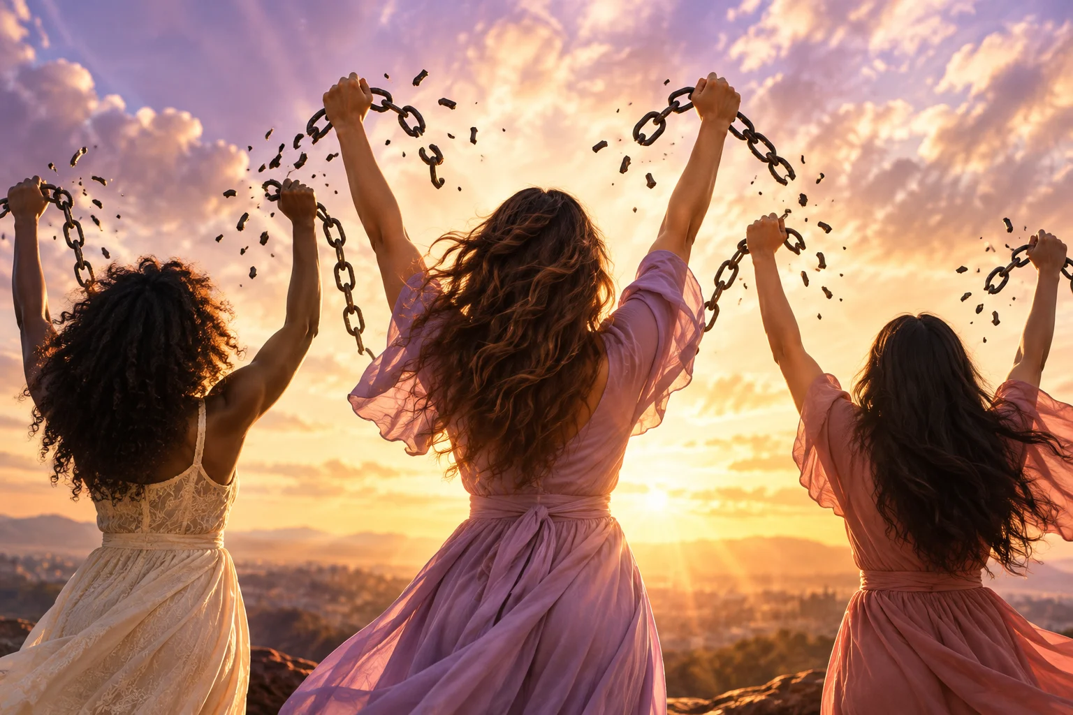 Symbolic artwork: three women seen from behind, arms raised, breaking chains against a radiant sunrise